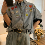 Load image into Gallery viewer, flower love denim shirt
